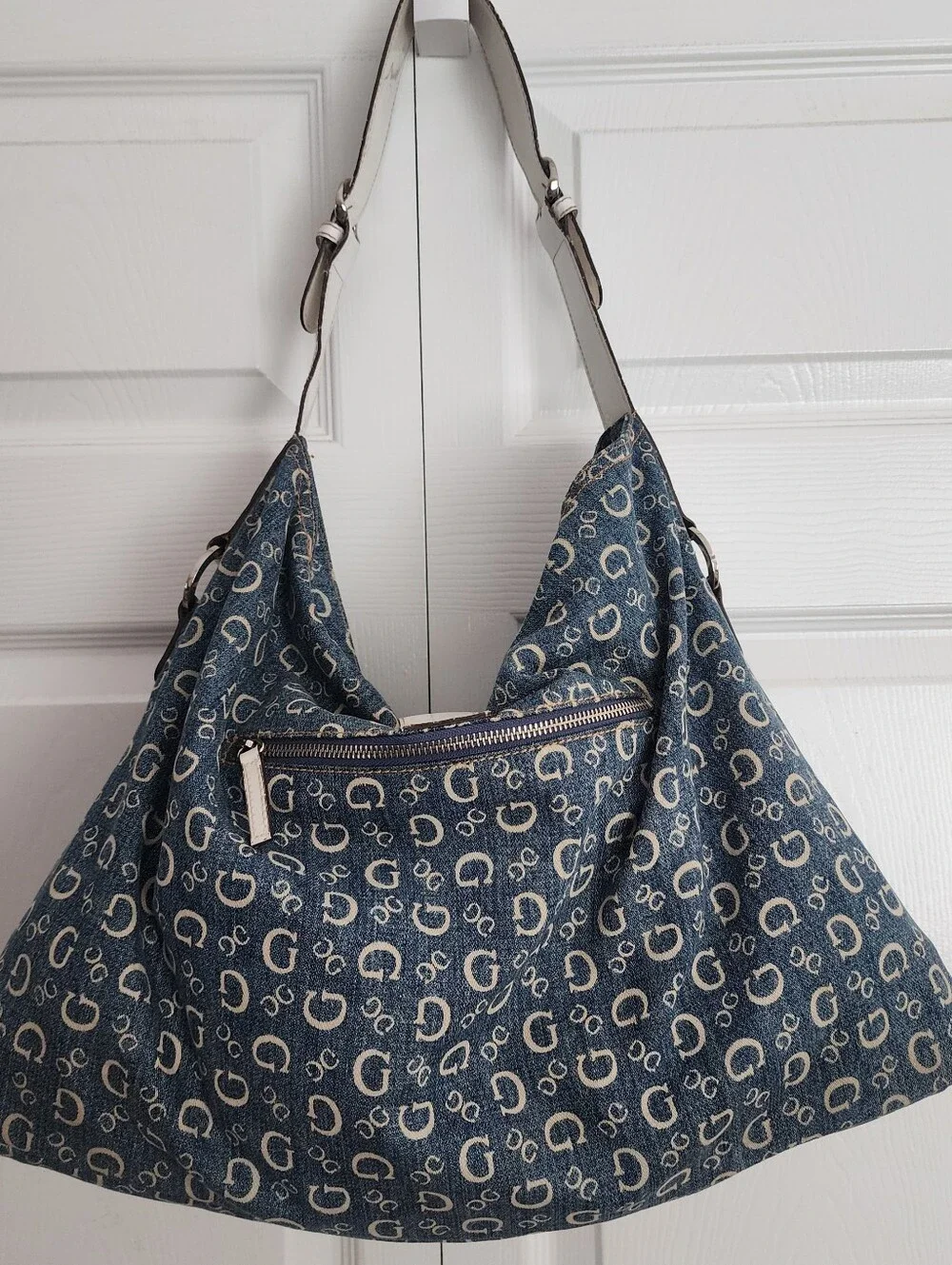 Y2K Guess Vintage Denim Blue Logo Monogram Studded Large Shoulder Hobo Bag